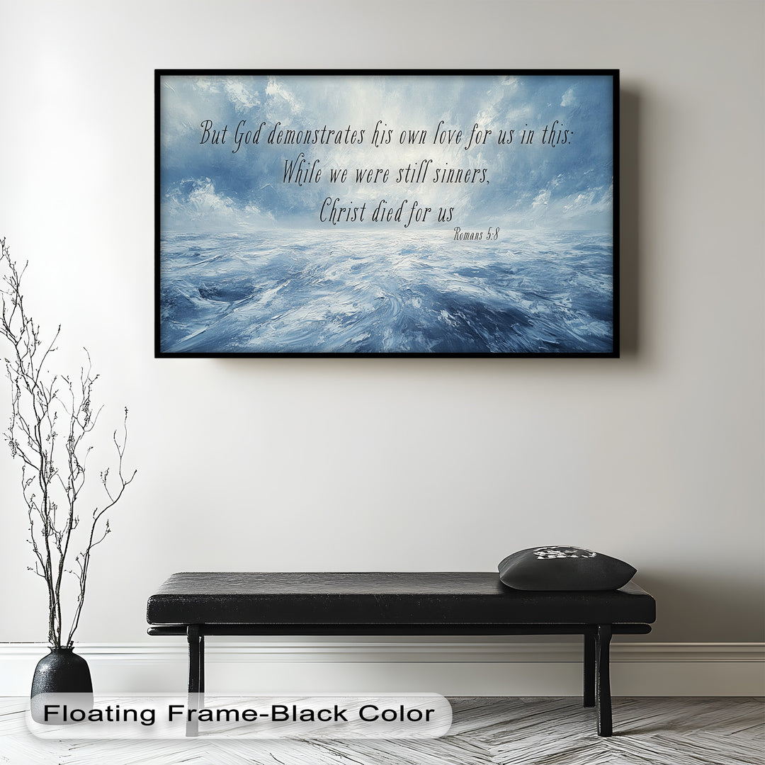 Romans 5:8 – Divine Love Bible Verse Oil Painting