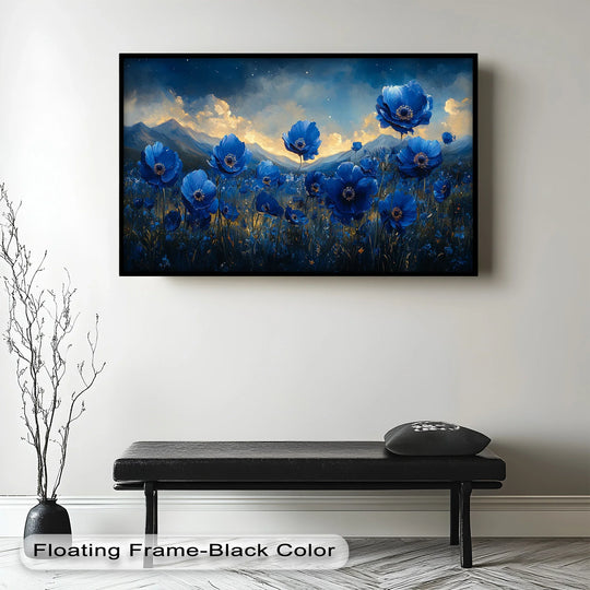Abstract quality emanates from this modern oil painting art depicting an otherworldly field of blue poppies against a twilight sky.