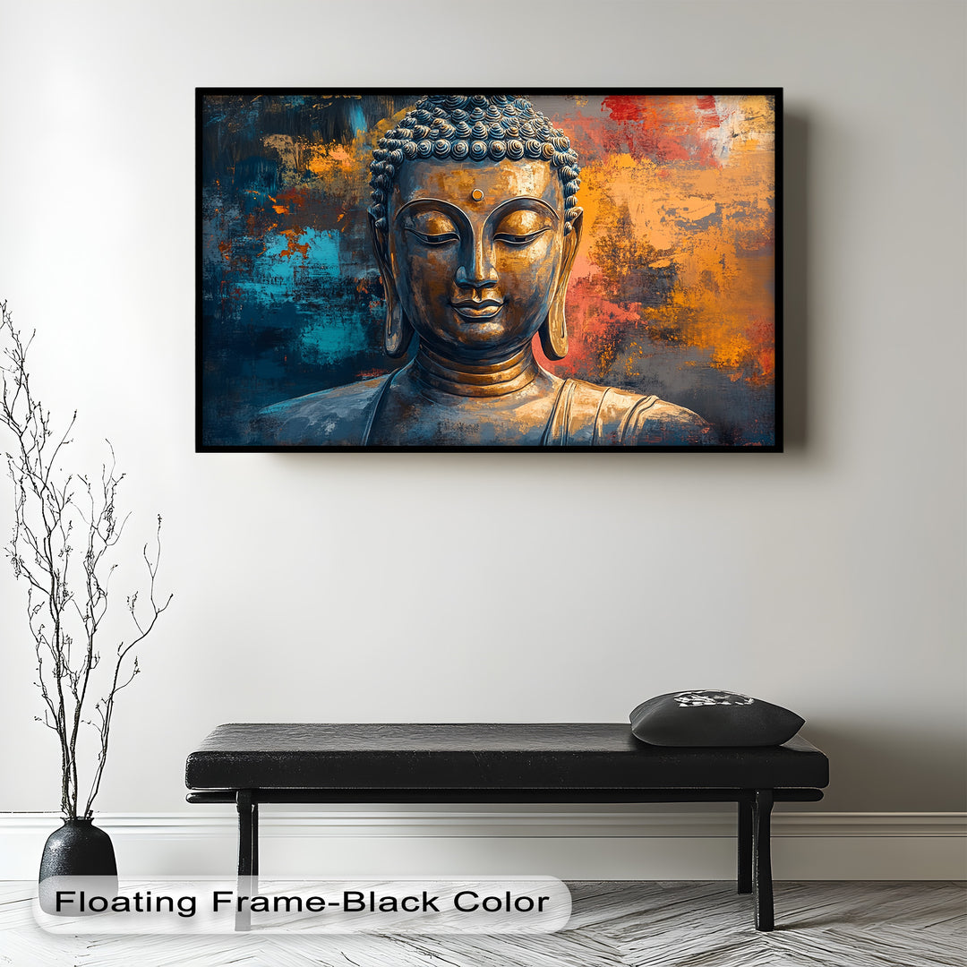A bronze-toned Buddha statue with closed eyes, set against a bold abstract background of vivid orange, blue, and charcoal hues.