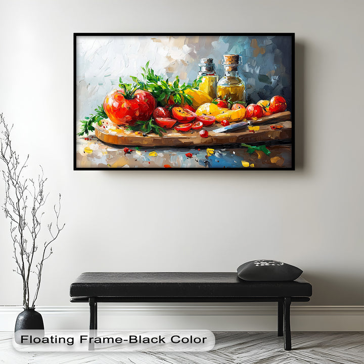 Tomato & Olive Oil Kitchen Art – Colorful Framed Oil Painting