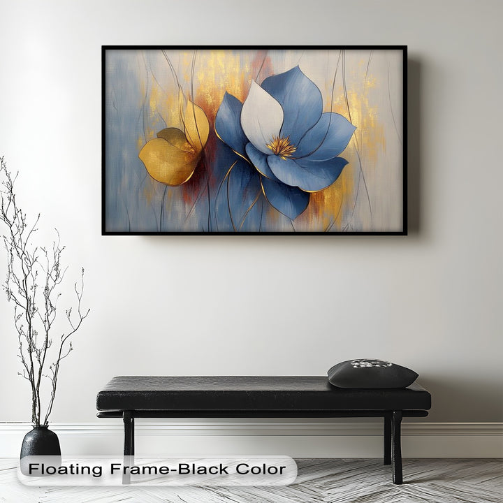 Modern flower artwork featuring deep blue blossoms and metallic gold tones.
