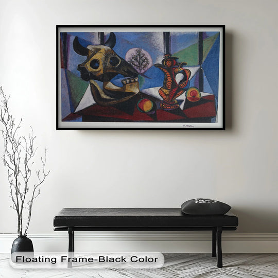 Featuring a glossy finish, this symbolist cubist Picasso oil painting artwork captures a unique still life with a bull skull.