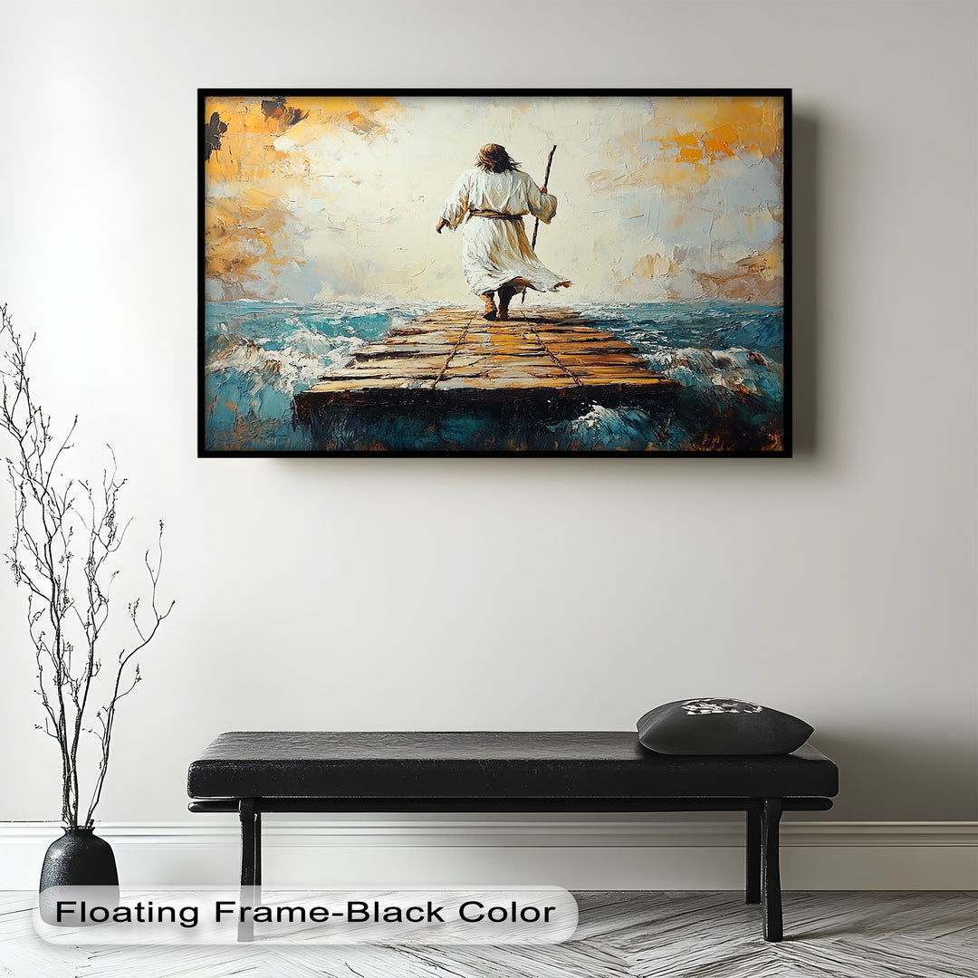 Biblical figure walking the sea pier – textured spiritual oil painting.
