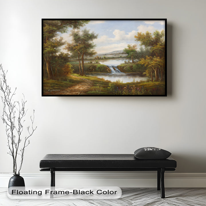 Tranquil Forest Cascade – Vintage Oil Painting