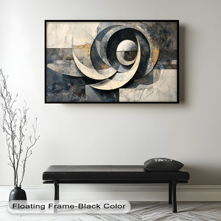 Contemporary abstract composition with circular forms and textured grayscale palette.
