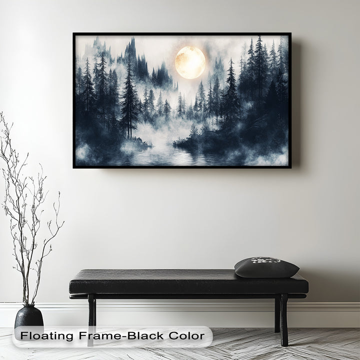 Dramatic monochrome forest artwork with mystical light and dense fog.
