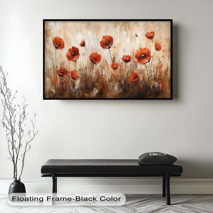 Fiery Meadow – Scarlet Poppies in Earth-Toned Field Flower Oil Painting