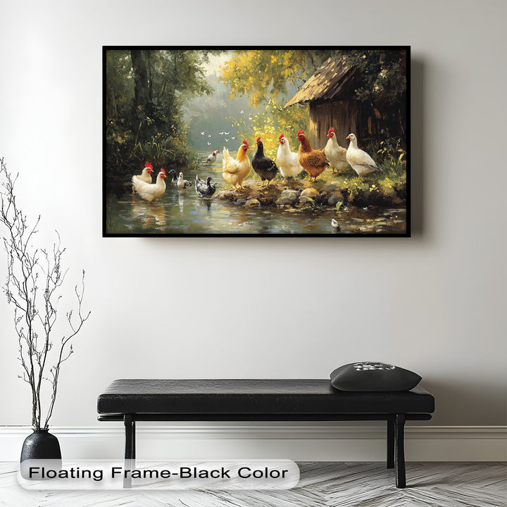 Country Farmyard Chickens by the Stream – Animal Oil Painting