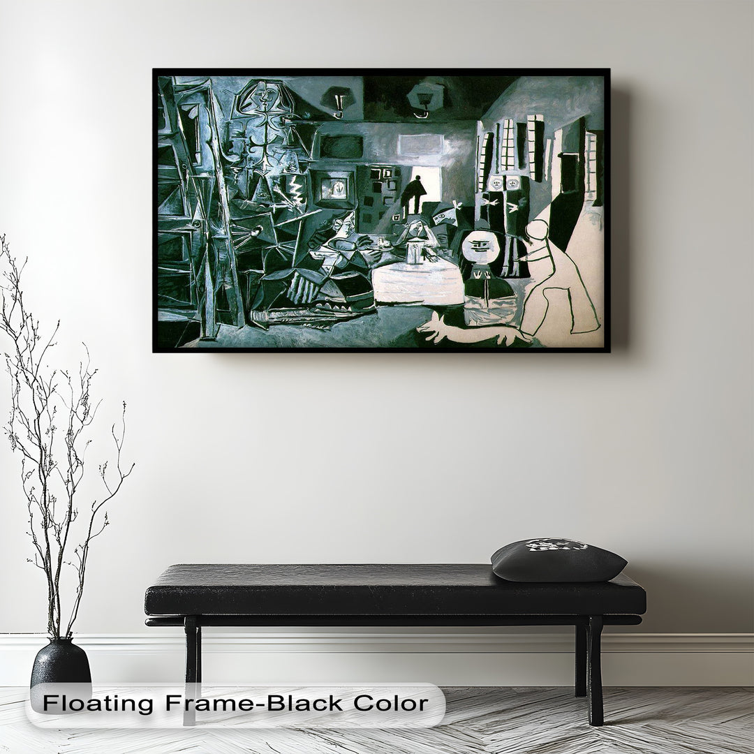 A cubist reinterpretation of a domestic interior, with fragmented figures, geometric forms, and a monochromatic palette.
