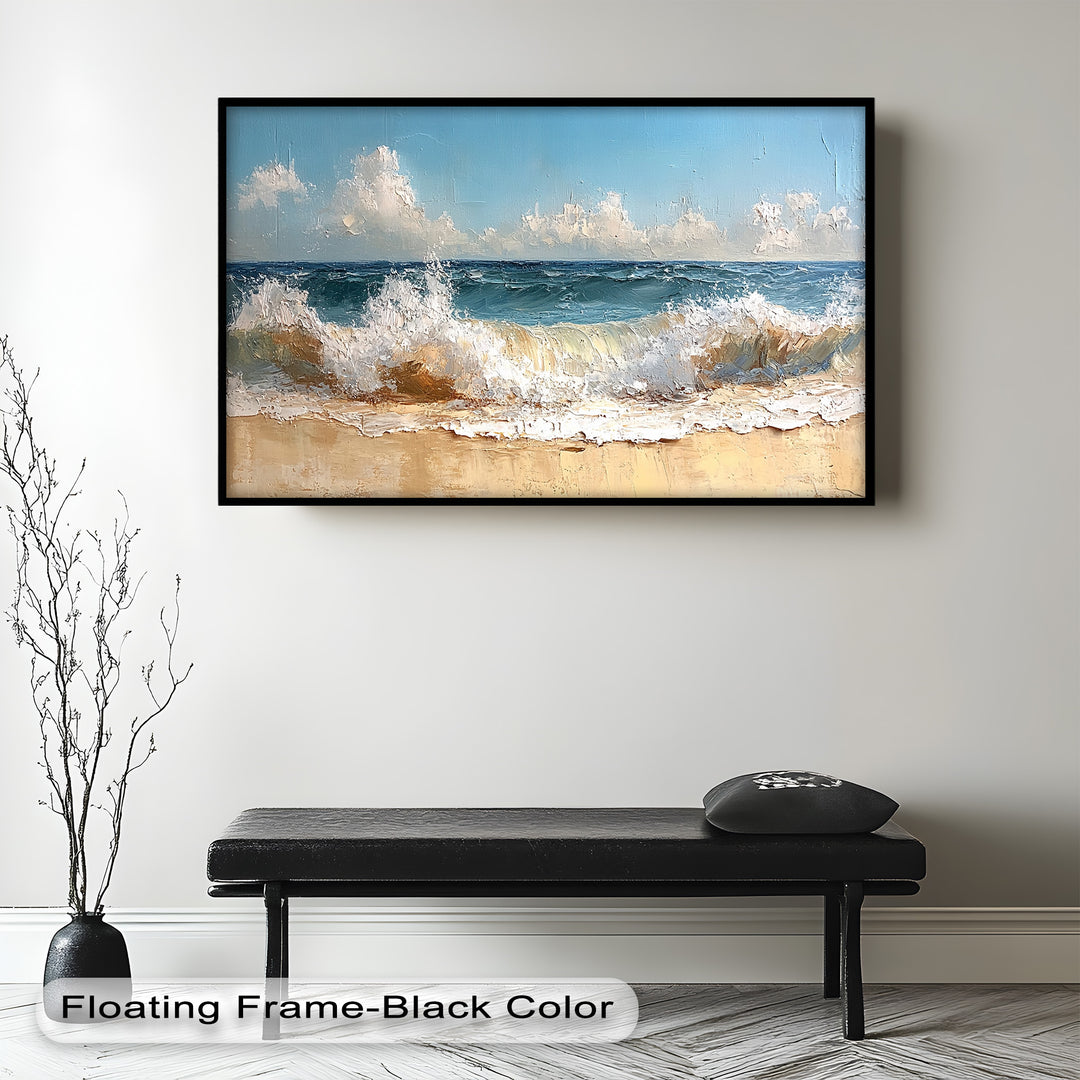 The foamy waves and sandy beach create a sense of warmth and escape, perfect for bringing coastal charm to any space.


