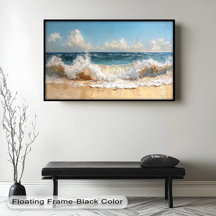 The foamy waves and sandy beach create a sense of warmth and escape, perfect for bringing coastal charm to any space.

