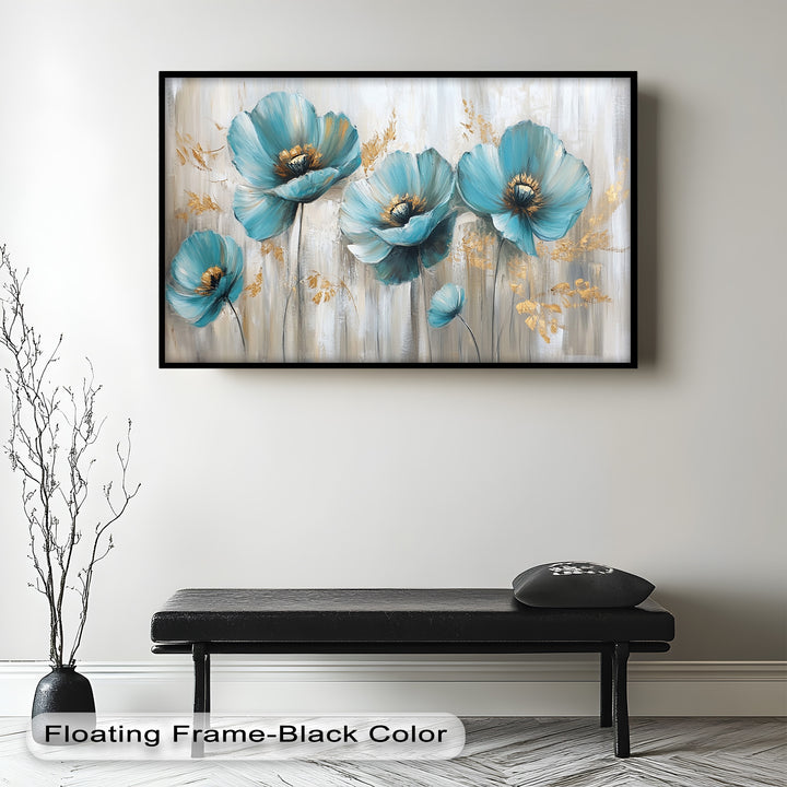 Blue Poppies with Metallic Accents - Flower Oil Painting