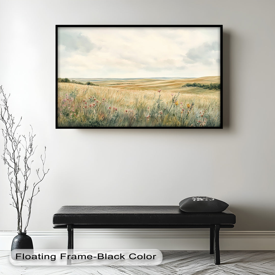 A serene countryside landscape with soft rolling hills, wildflowers, and golden grasses under a cloudy sky.