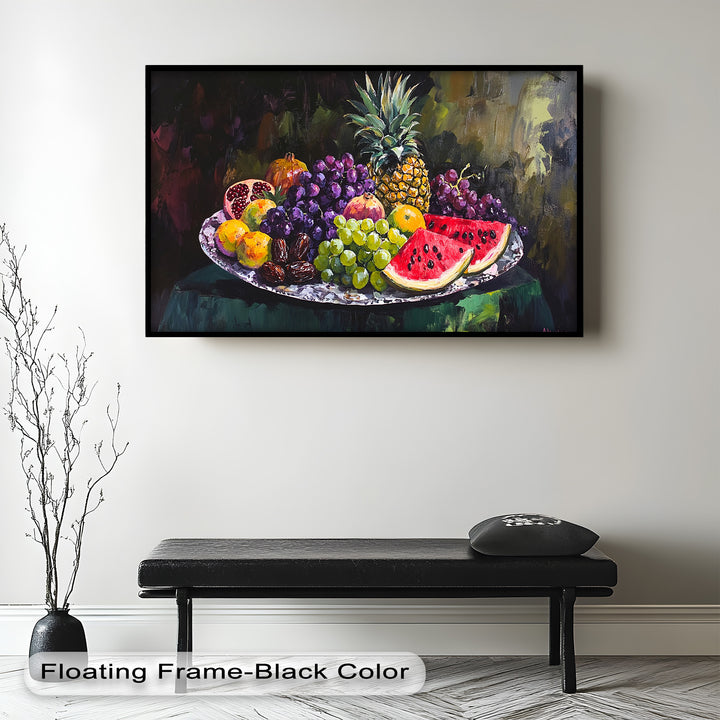 The interplay of light and shadow in this artwork highlights the beauty of a classic European-inspired setting featuring wine, fruits, and floral accents.
