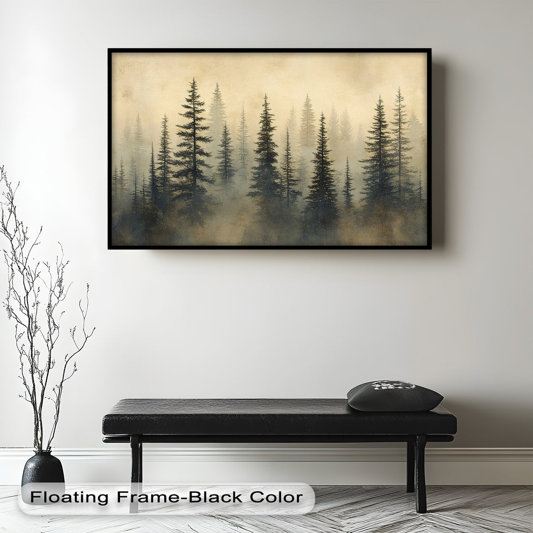 Dreamy woodland scene with tall pine silhouettes and golden haze.
