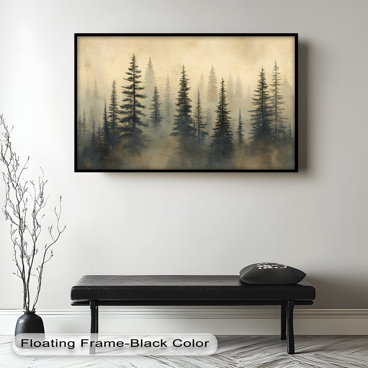 Dreamy woodland scene with tall pine silhouettes and golden haze.
