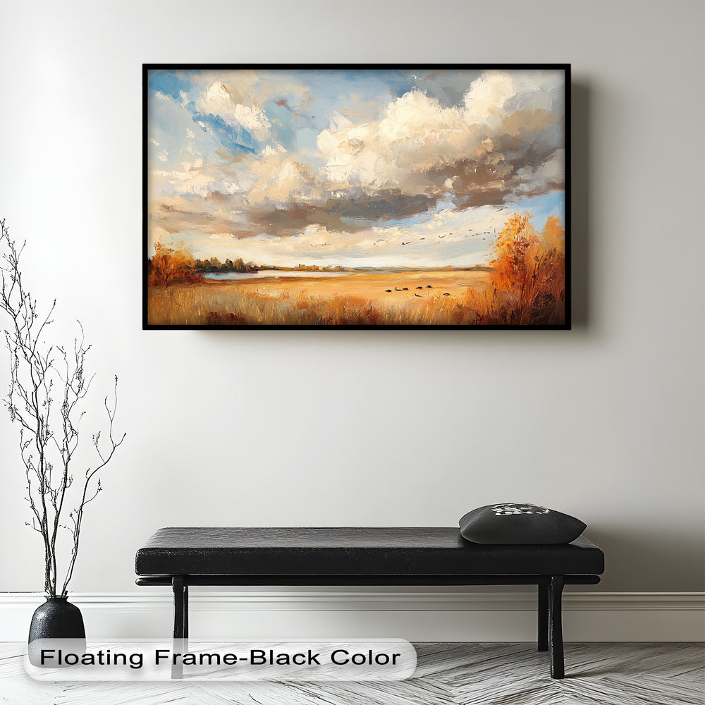 Rustic fall meadow artwork featuring dramatic clouds and wildlife.
