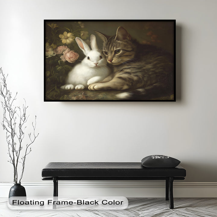 Cat and Rabbit in Floral Harmony - Animal Oil Painting