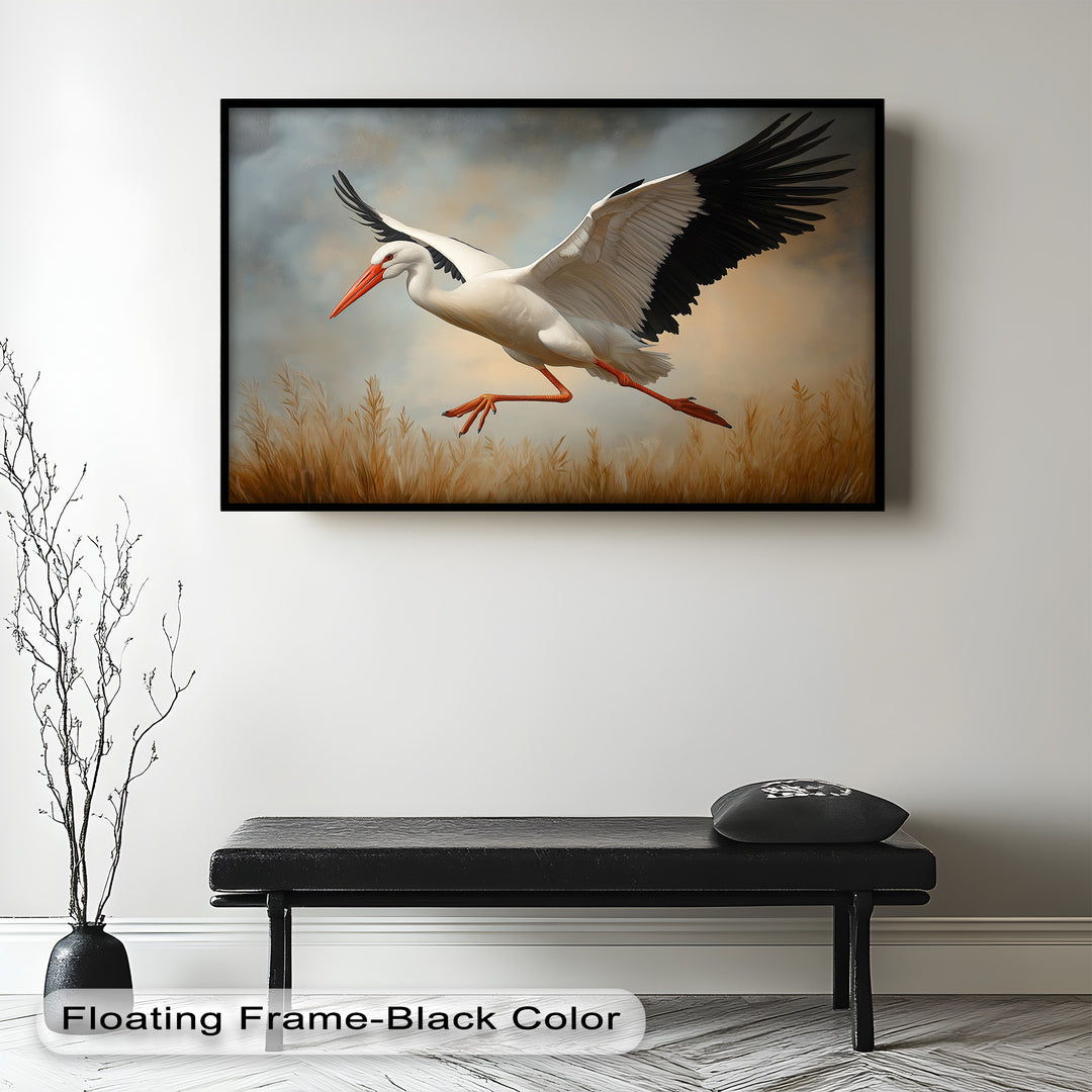 Stork in Flight over Golden Grasses – Animal Oil Painting