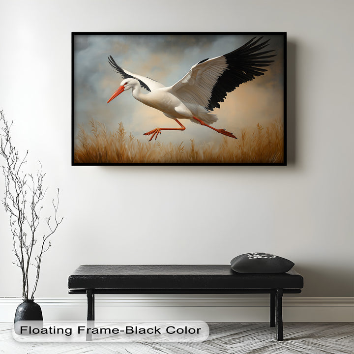 Stork in Flight over Golden Grasses – Animal Oil Painting