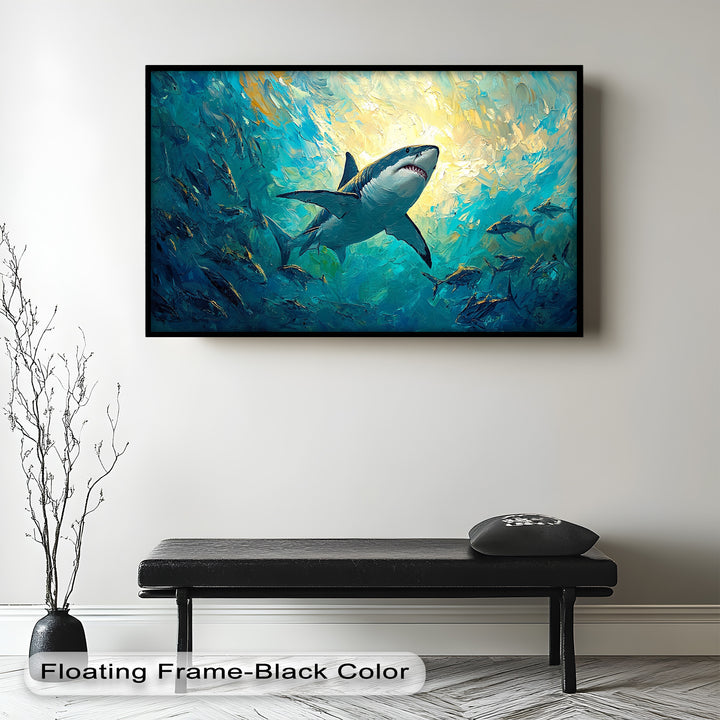 Great White Shark in Sunlit Ocean Depths – Animal Oil Painting