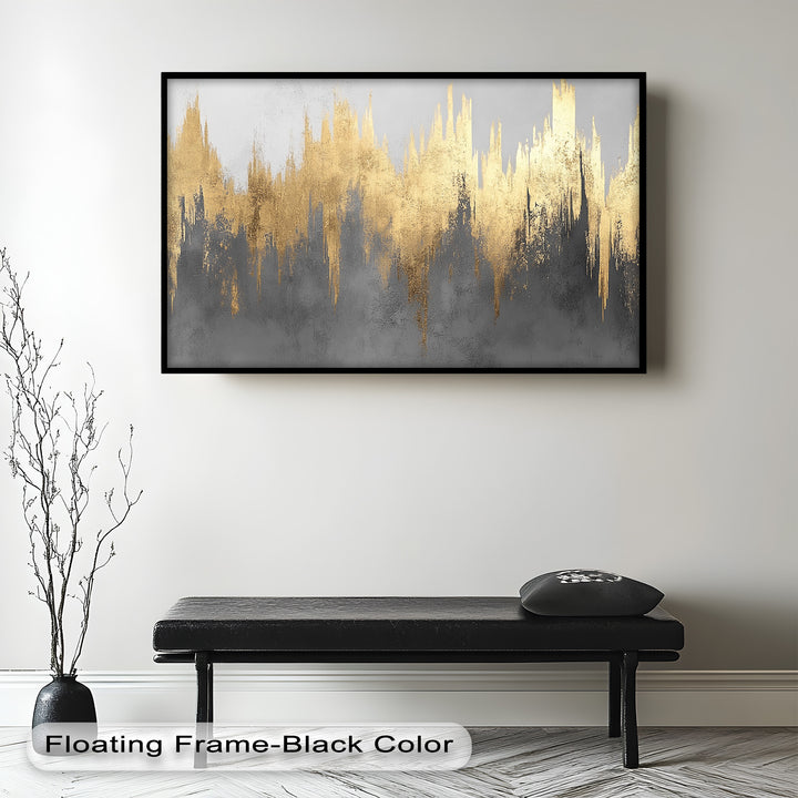 Sophisticated contemporary painting blending shimmering gold with neutral tones.
