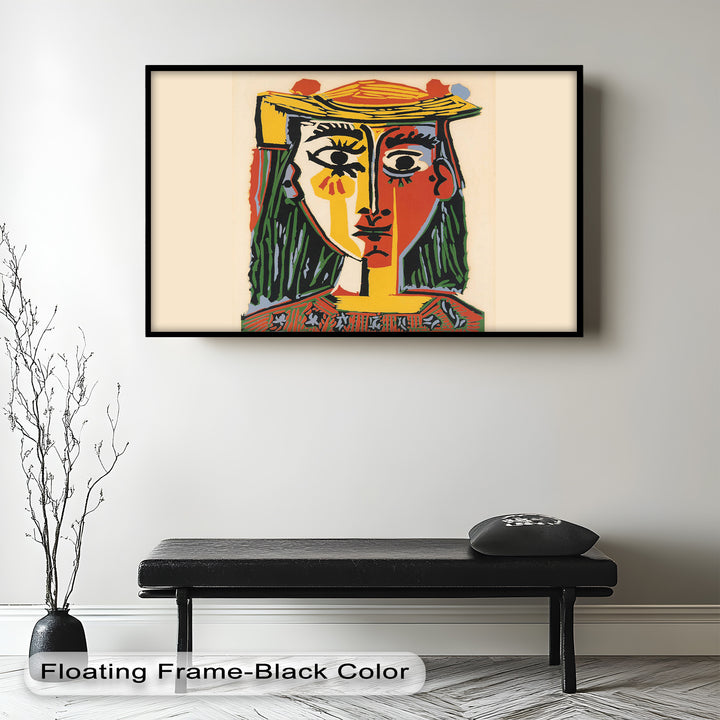 Artistic representation of a woman with divided facial features, expressive large eyes, and colorful graphic brushstrokes that emphasize surreal emotion.