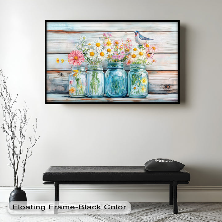 A picturesque farmhouse-inspired composition brings together the beauty of nature, featuring hand-picked flowers in classic mason jars with a cheerful bird adding a whimsical touch.