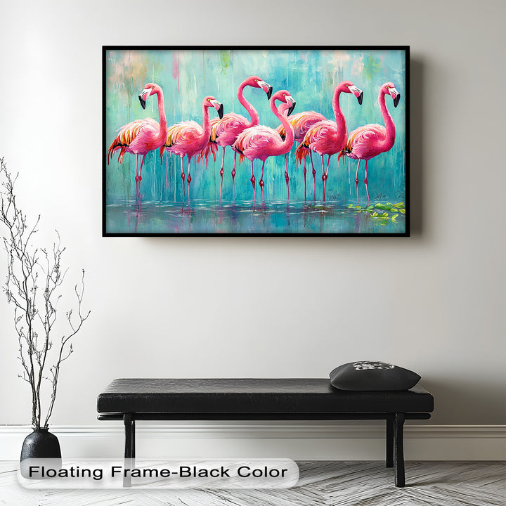 Flamingoschwarm auf dem Wasser – Tierölgemälde