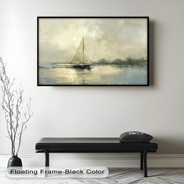 A stunning coastal-inspired wall art piece showcasing a minimalist sailboat scene with soft, neutral tones and expressive brushstrokes creating a dreamy atmosphere.
