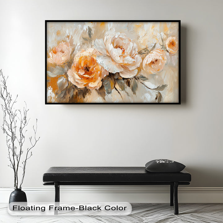 A stunning floral oil painting with warm hues and expressive strokes.
