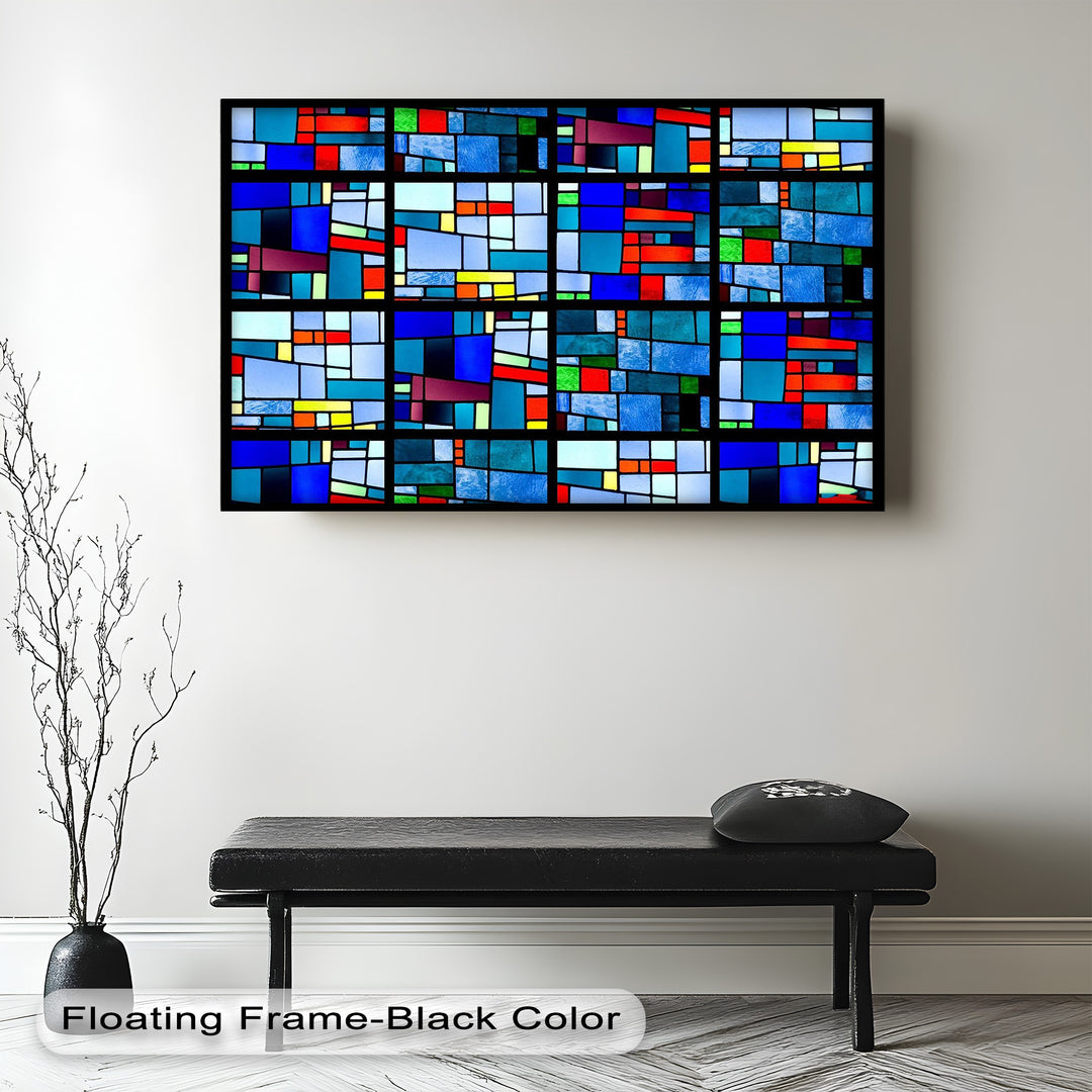 A grid of luminous geometric panels featuring vibrant rectangles in shades of blue, red, green, and yellow.