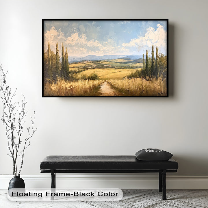 Soft impressionistic brushstrokes capture the essence of a tranquil European landscape, where warm golden tones blend seamlessly with cool blue mountains in the distance.