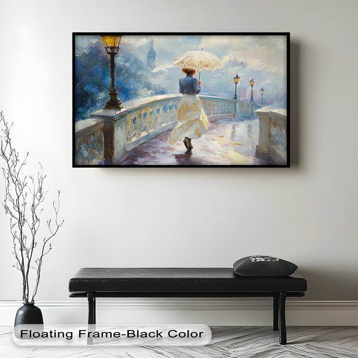 Woman with Umbrella on Cobblestone Bridge – Oil Painting