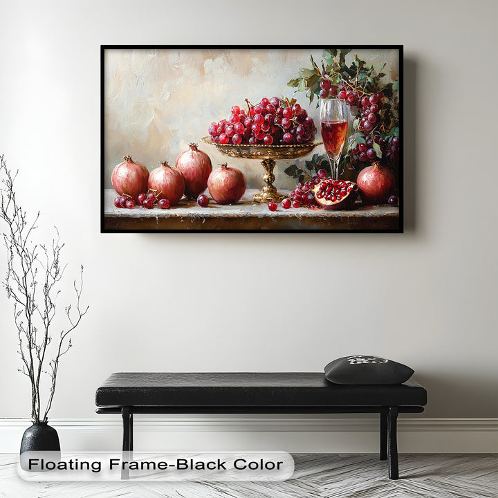 The exquisite blend of pomegranates, grapes, and wine in this oil painting brings an air of old-world charm and refinement to home decor.






