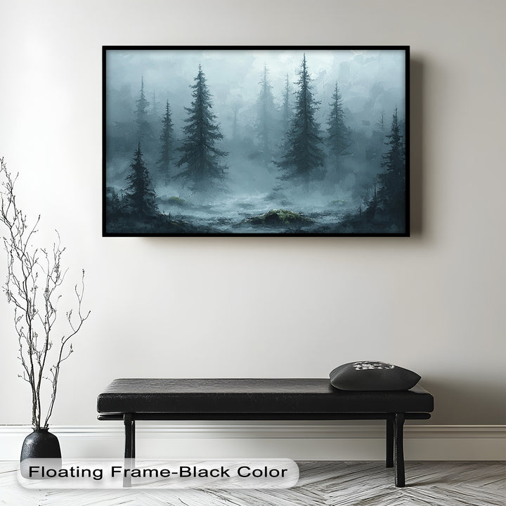 A mystical and atmospheric forest scene unfolds in shades of cool blue and gray, as mist rolls through the trees, evoking a sense of mystery and solitude.