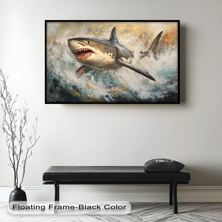 Ferocious Great White Shark Leaping Through Waves - Animal Oil Painting