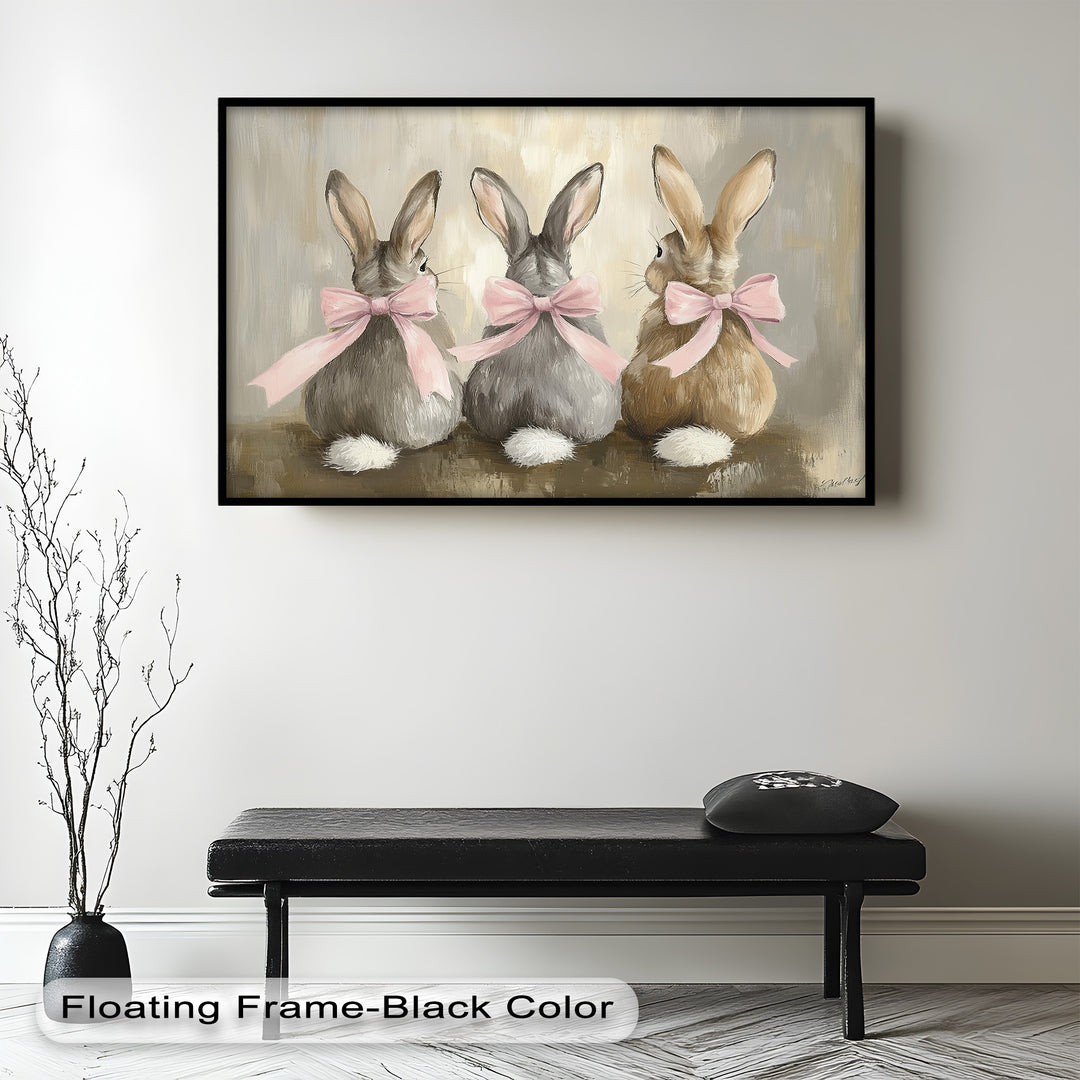 Trio of Bunnies with Pink Bows – Animal Oil Painting