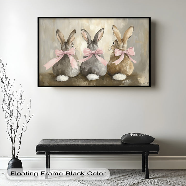 Trio of Bunnies with Pink Bows – Animal Oil Painting