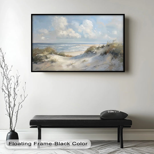 Featuring a black floating frame finish, this coastal oil painting depicts a white sand beach, sandy path, and calming ocean waves, offering beautiful oil painting decoration.