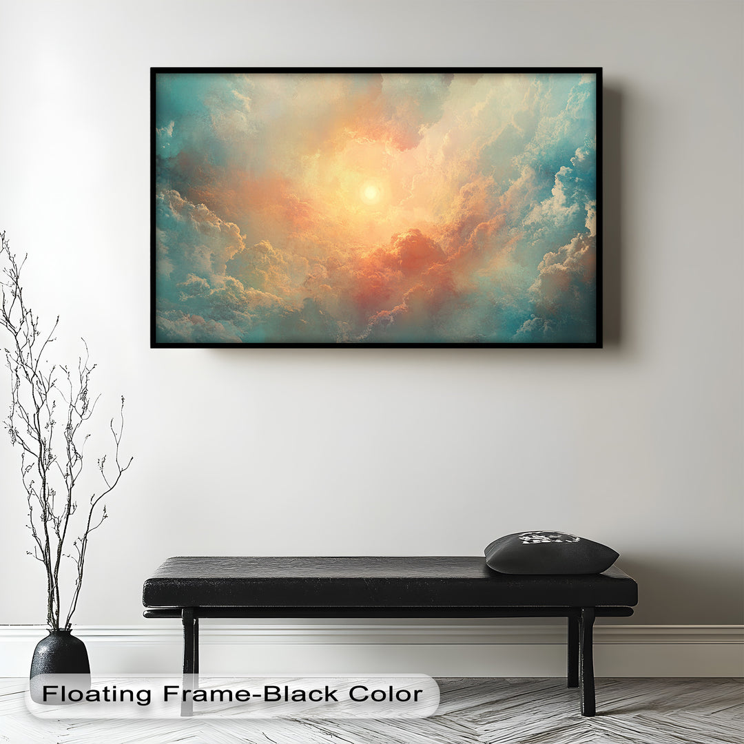 Radiant sunrise sky painting with soft pastel clouds and glowing sun.
