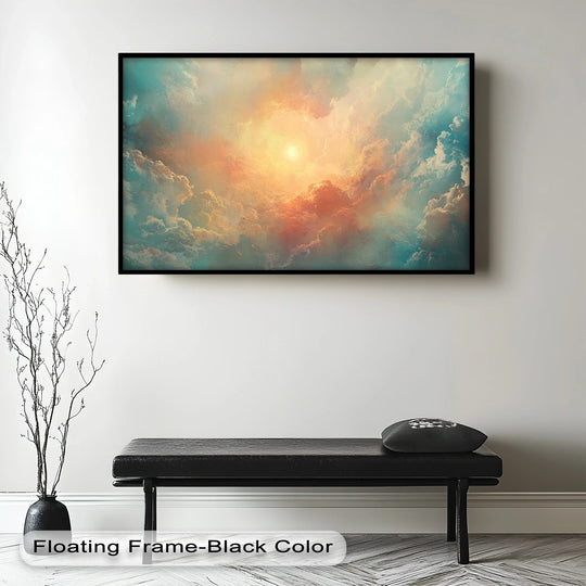 Striking color contrast defines this framed oil painting art piece, featuring luminous sunlight bursting through soft, abstract sky clouds in hues of orange and teal.