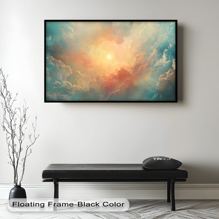 Radiant sunrise sky painting with soft pastel clouds and glowing sun.
