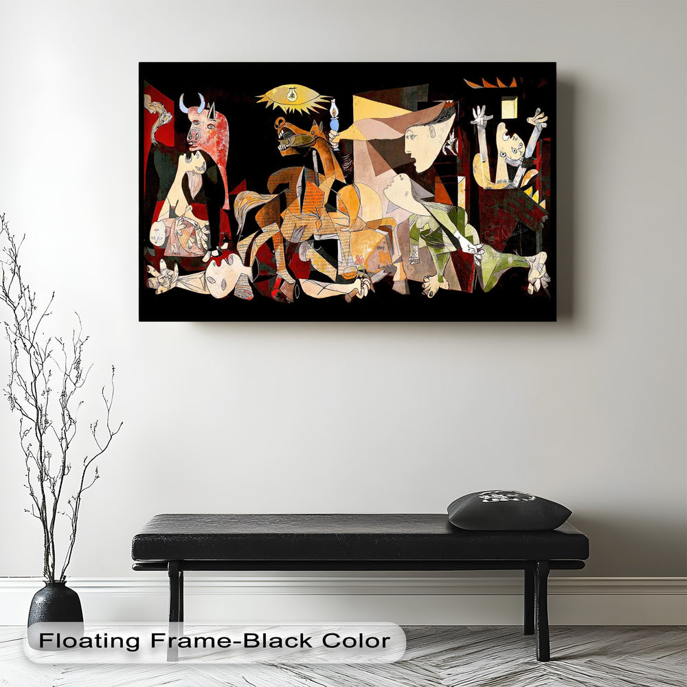Expressionist painting filled with chaos and fragmented forms, showcasing a horse, bull, and suffering people in vivid hues, capturing the emotional trauma of conflict.