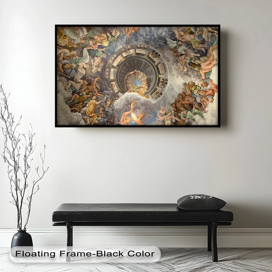 Spectacular ceiling painting showing divine beings and heavenly scenes spiraling around a central opening with celestial light shining through.