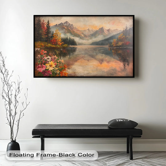 Framed flowers provide a vibrant foreground to the mountain lake in autumn landscape of this oil painting reproduction print, hung above a simple bench.