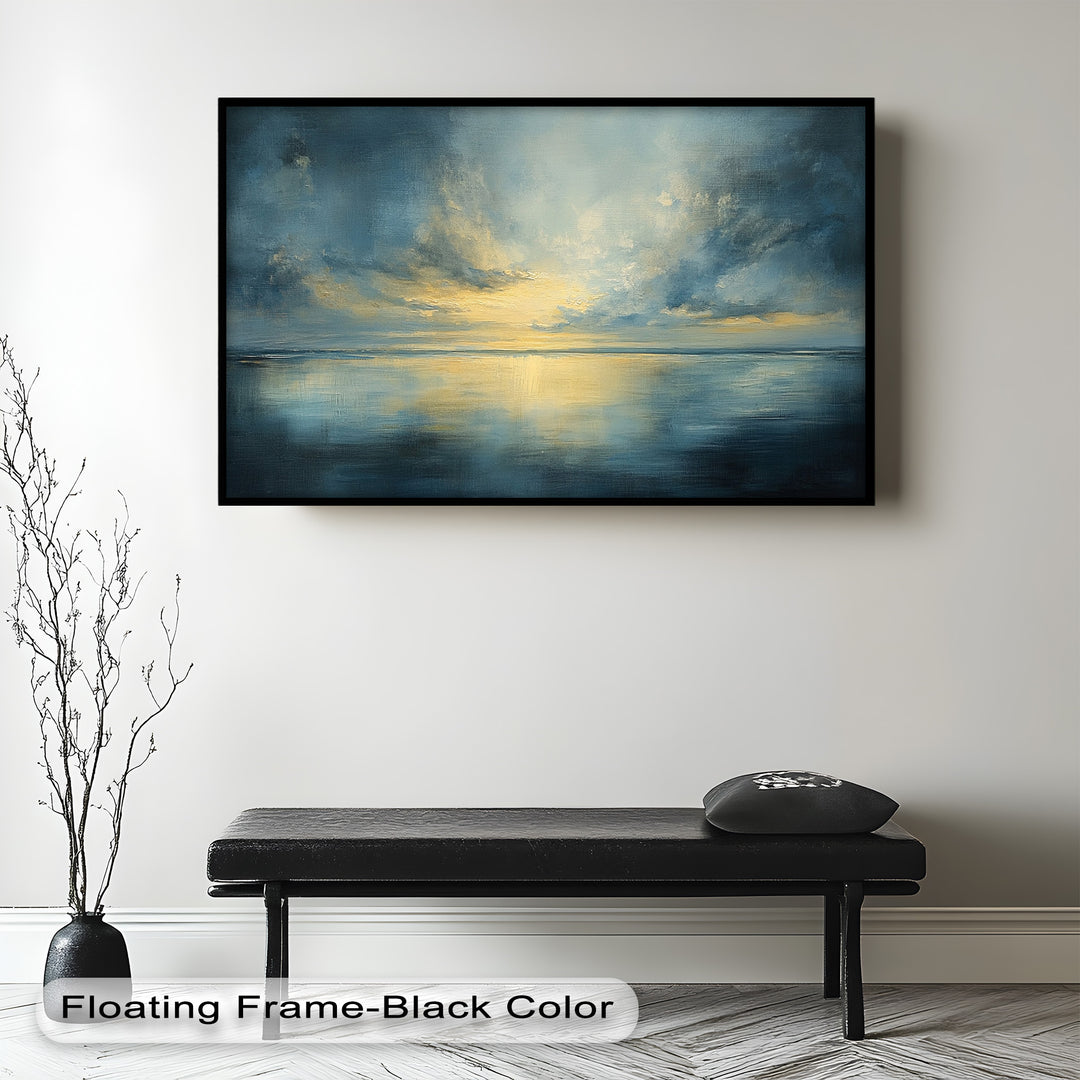 This atmospheric seascape painting captures a golden sunrise breaking through moody blue clouds, reflecting beautifully on calm, glassy waters.

