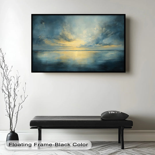 Light and shadow define the tranquil sunset reflection in this coastal wall art oil painting artwork, casting deep blues against the illuminated horizon.