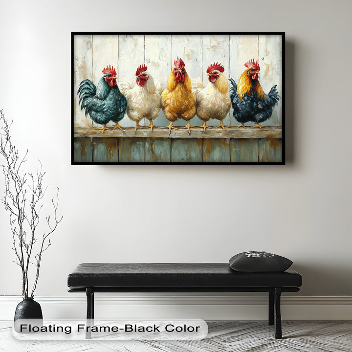 Colorful Roosters on a Wooden Fence – Animal Oil Painting