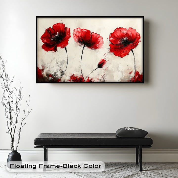Crimson Elegance – Bold Red Poppies on Cream Flower Oil Painting